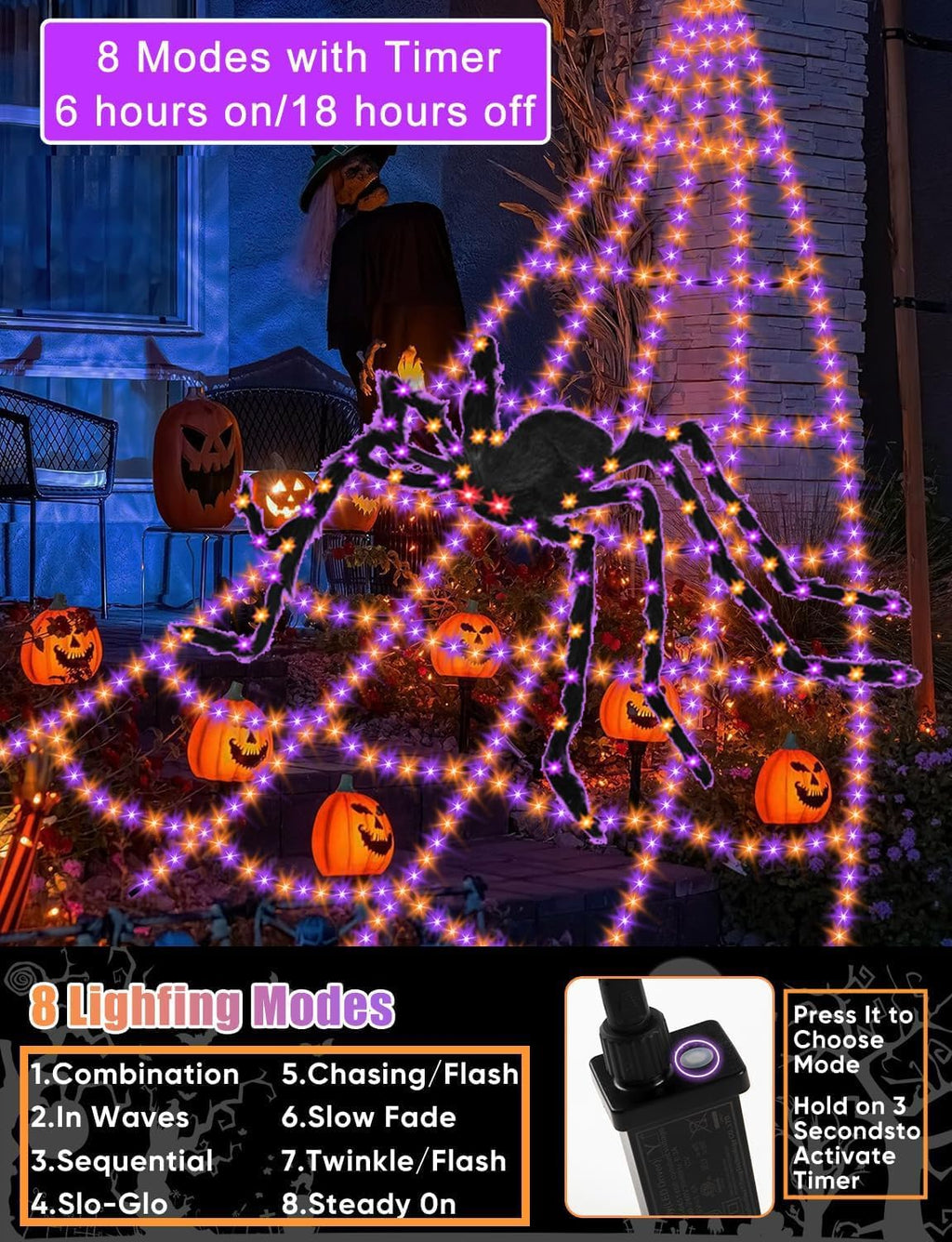 VITI HYT-0451400 550-LED Halloween Spider Web Lights with Spider – Purple Orange – product detail
