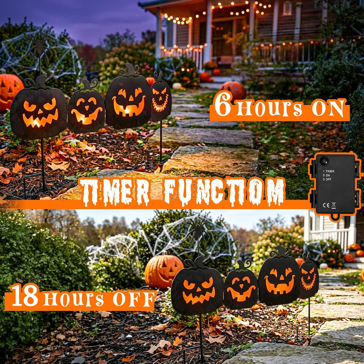 EAMBRITE 806051 4-Pack Lighted Metal Pumpkin Yard Stakes – black – product detail
