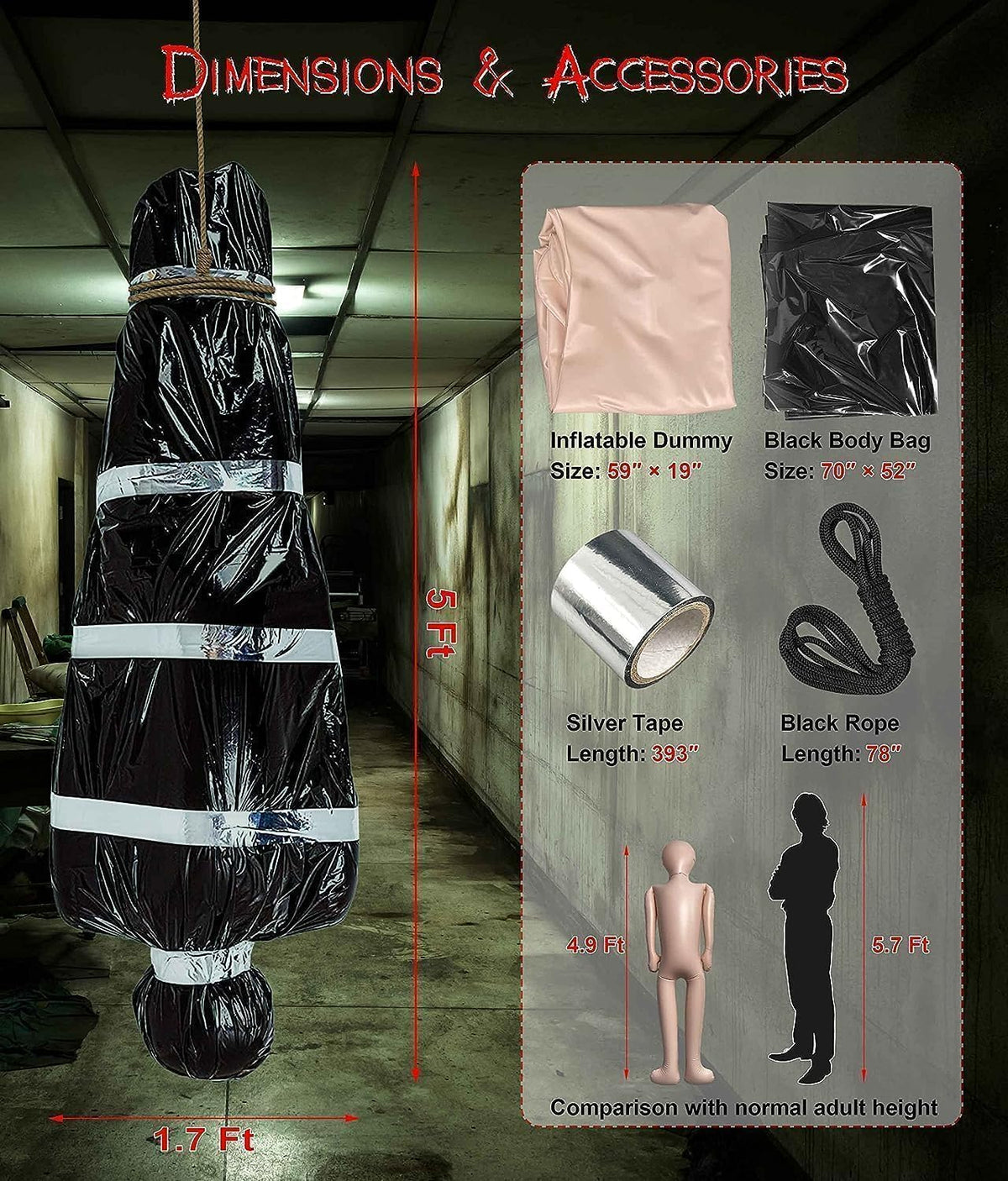 AnanBros JUTU-CD 5-Foot Halloween Inflatable Mannequin & Body Bag Prop Set – Silver,Black – product detail
