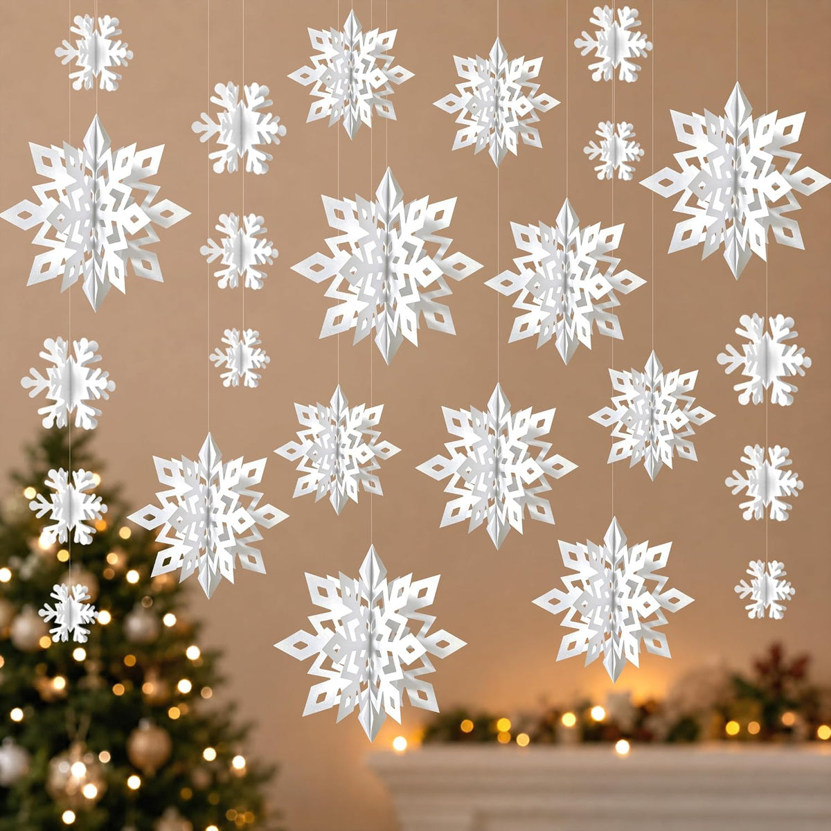 OuMuaMua White 3D Snowflake and Garland Set, 14 Pieces
