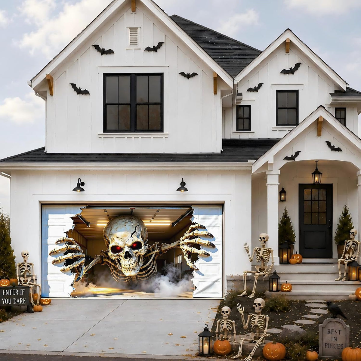 Allotall 001 16-by-7-Foot Halloween Skeleton Garage Door Banner – 16 × 7 ft – 3D Skull 1 / 16 × 7 ft – product detail
