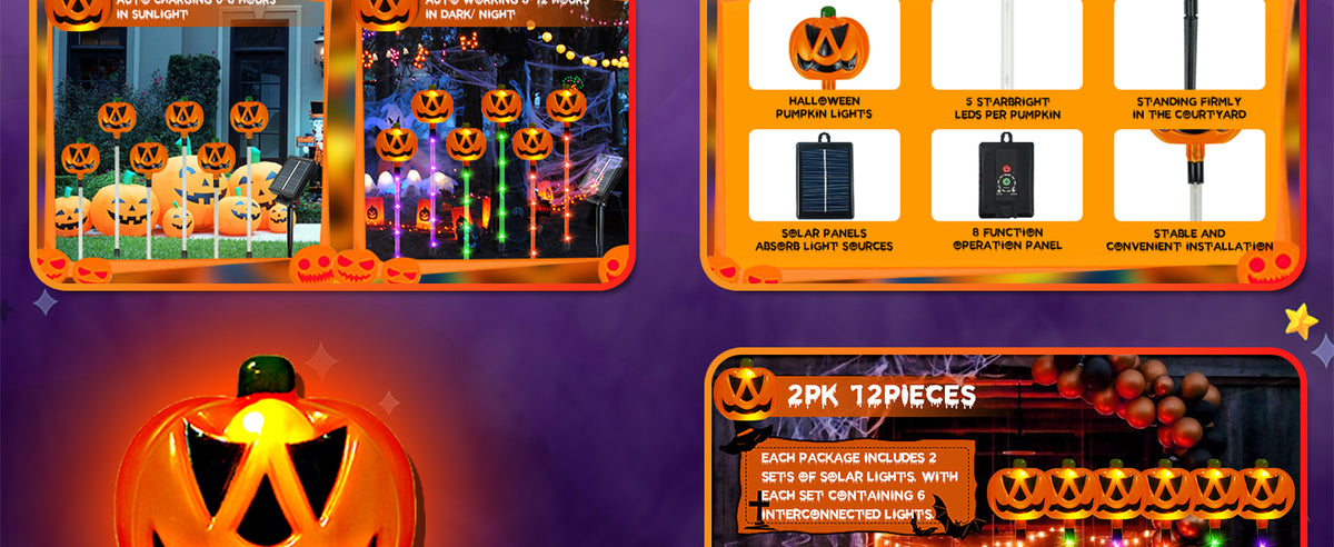 SANJICHA SJC-Pumpkin Solar Halloween Pumpkin Path Lights – 12 Pack, Orange Purple and Green – 12 Pack / Orange Purple and Green – product detail