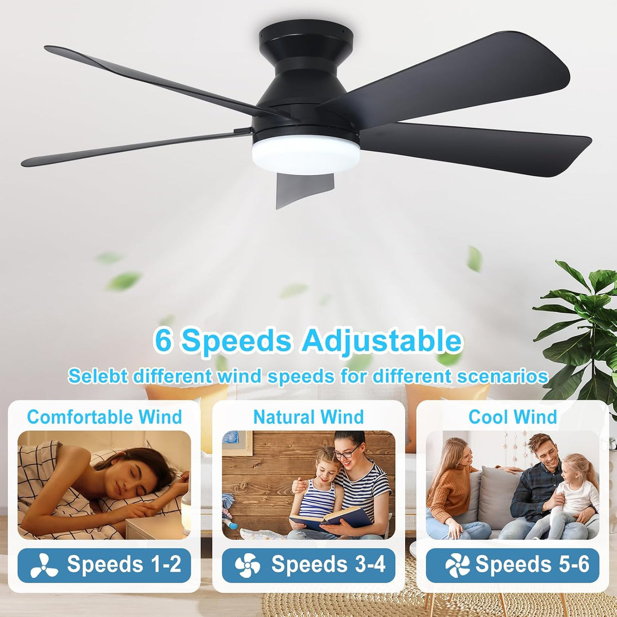 Depuley 42-Inch Ceiling Fan with Dimmable LED Light, Black