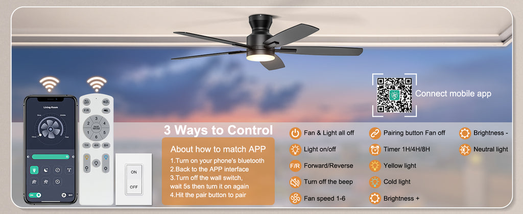 Ohniyou 52-Inch Ceiling Fan with Dimmable LED Light, Black
