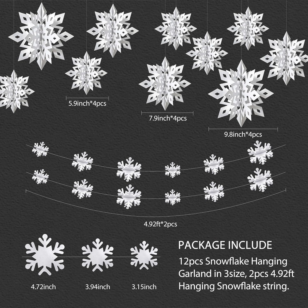 OuMuaMua White 3D Snowflake and Garland Set, 14 Pieces