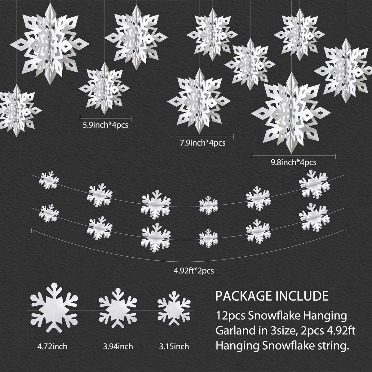 OuMuaMua White 3D Snowflake and Garland Set, 14 Pieces