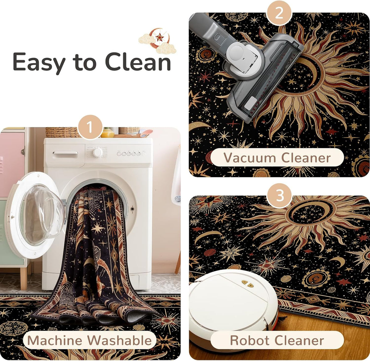 meejou Sun and Moon Area Rug, Black/Gold/Beige/Red, 5 x 7 ft