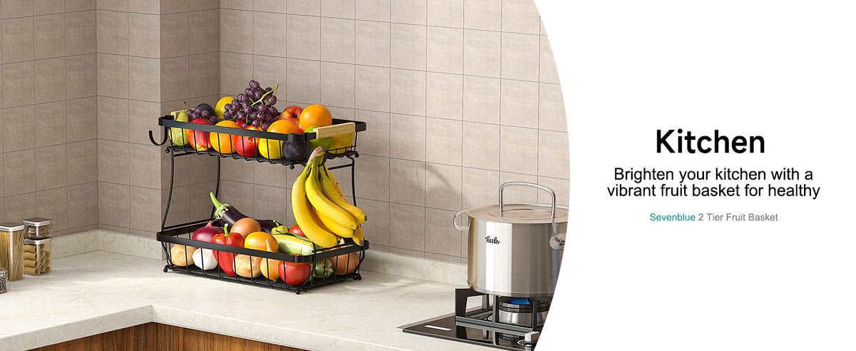 Sevenblue Two-Tier Fruit Basket with Banana Hooks, Black