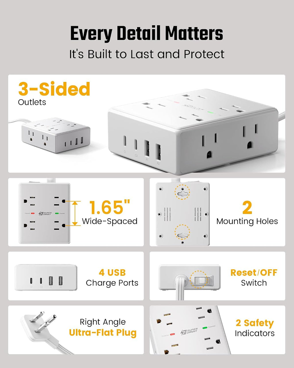 SUPERDANNY Flat-Plug Power Strip, White, 10 ft