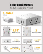 SUPERDANNY Flat-Plug Power Strip, White, 10 ft