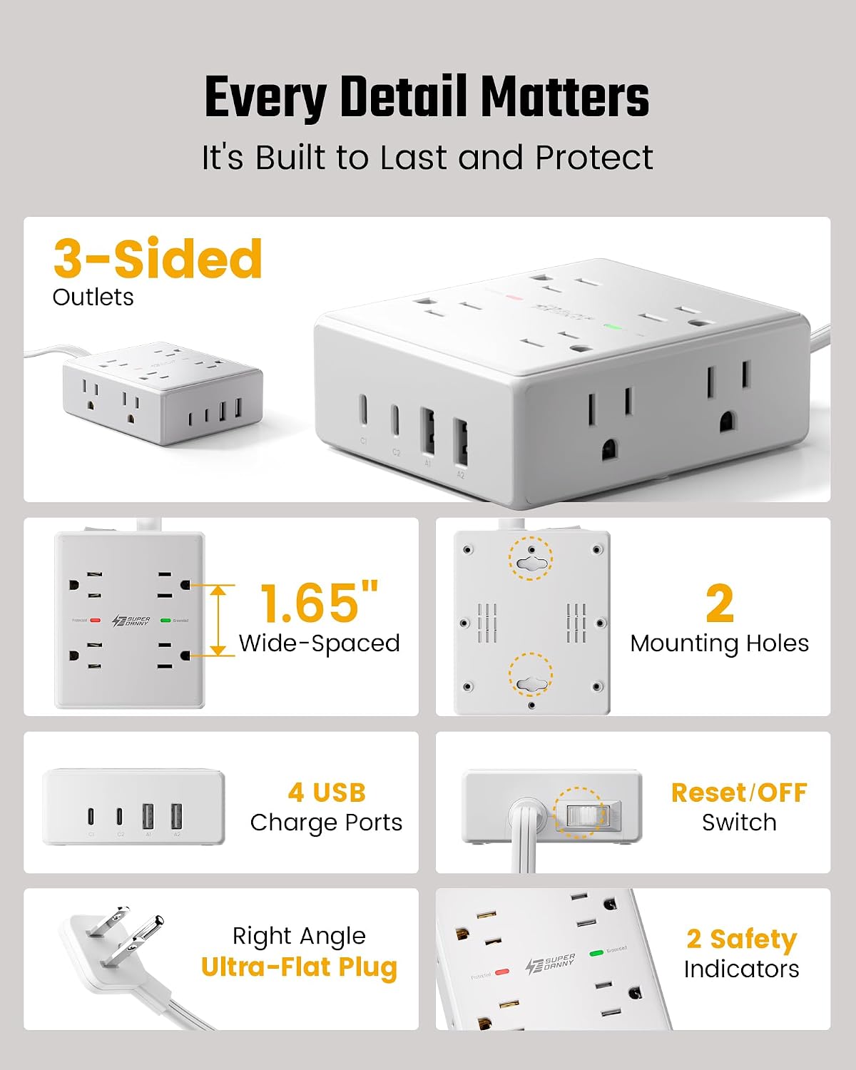 SUPERDANNY Flat-Plug Power Strip, White, 10 ft
