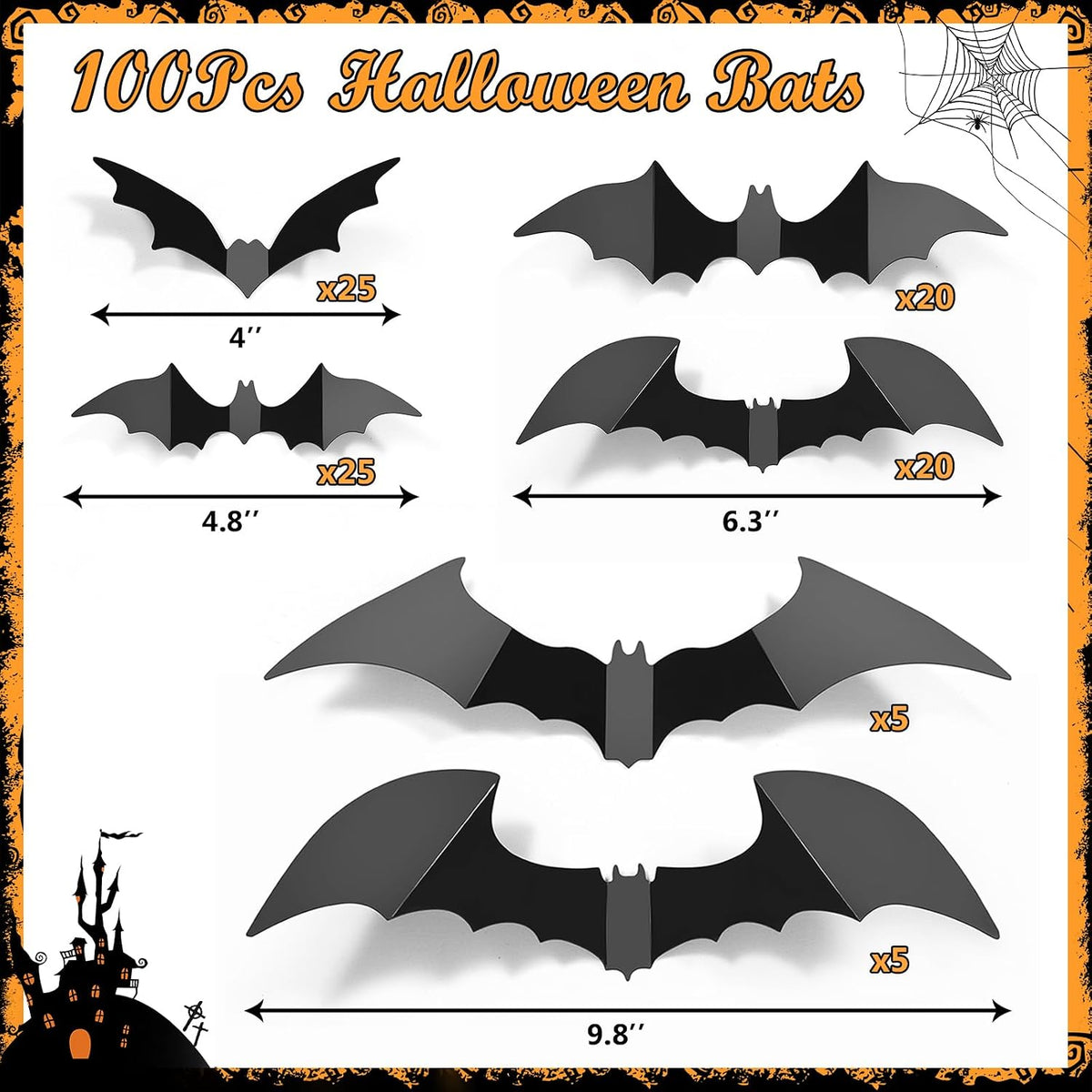 LUDILO Black 3D Bat Wall Decorations, 100 Pieces