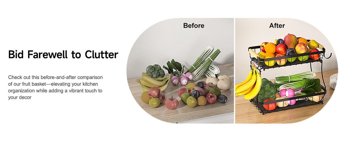 Sevenblue Two-Tier Fruit Basket with Banana Hooks, Black