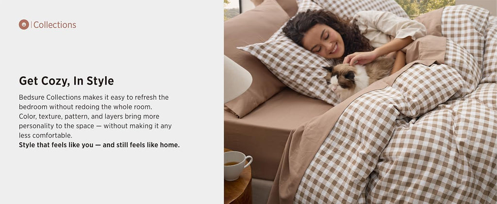Bedsure Brown Gingham Queen Comforter Set, 3 Pieces