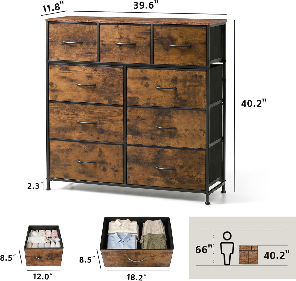 WLIVE 9-Drawer Fabric Dresser in Rustic Brown