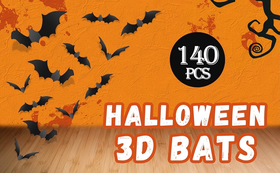 Piteno BF140 140-Piece 3D Halloween Bat Wall Sticker Set – Standard, Black – Standard / Black – product detail