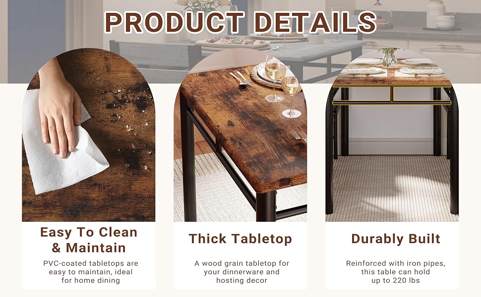IRONCK Five-Piece Dining Set with Four Chairs, Rustic Brown