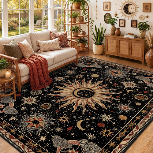 meejou Sun and Moon Area Rug, Black/Gold/Beige/Red, 5 x 7 ft