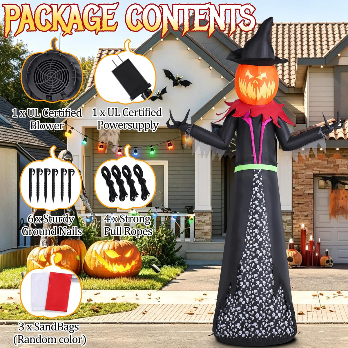 GIFTFIND 10080 9-Foot Halloween Pumpkin & Witch Inflatable – 9ft Pumpkin Man – product detail