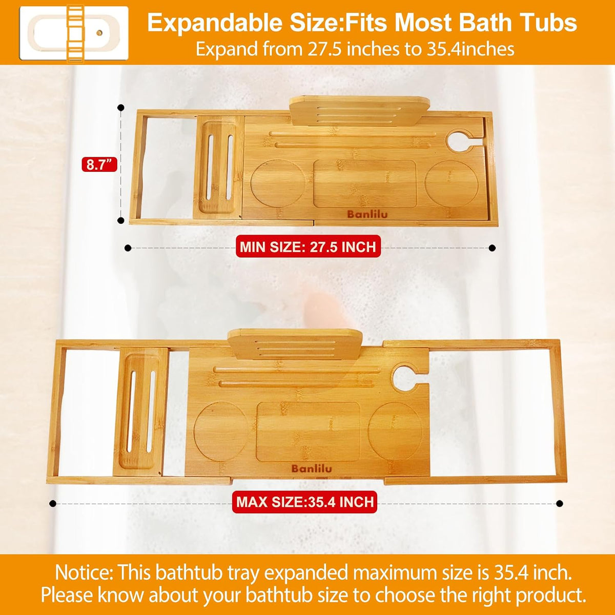 Banlilu Expandable Bamboo Bathtub Tray, Natural