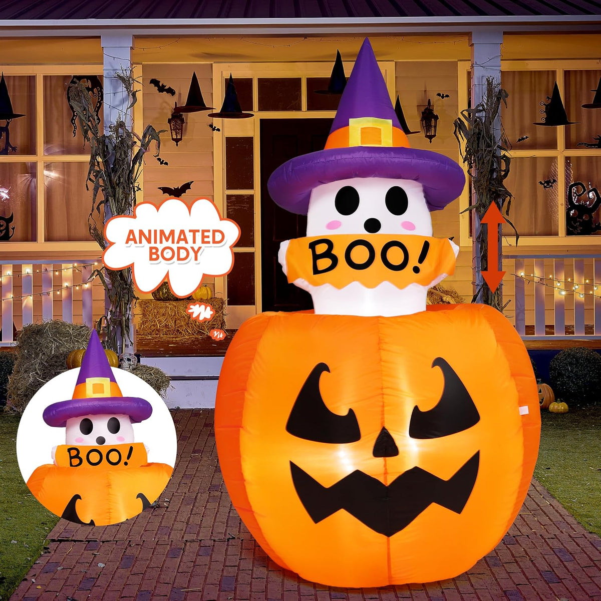 Joiedomi 32500 5-Foot Halloween Animated Ghost & Pumpkin Inflatable – Purple and White Ghost With Pumpkin