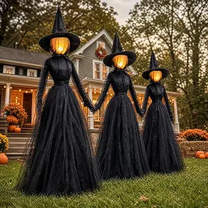 NEROSUN 3-Pack Lighted Halloween Witch Stakes – 6 FT Witch, Black