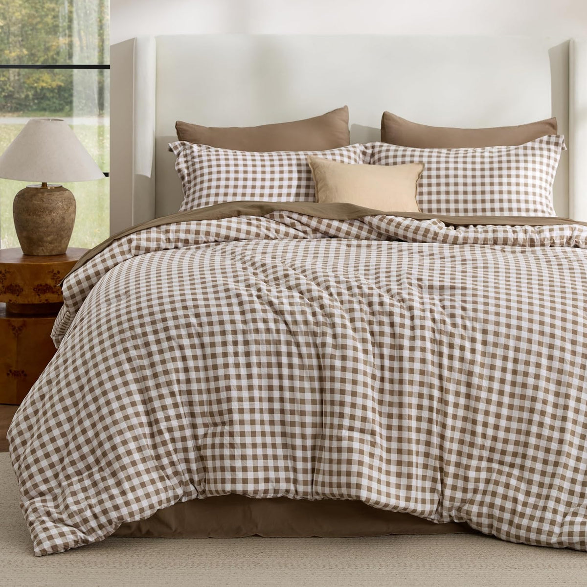 Bedsure Brown Gingham Queen Comforter Set, 3 Pieces