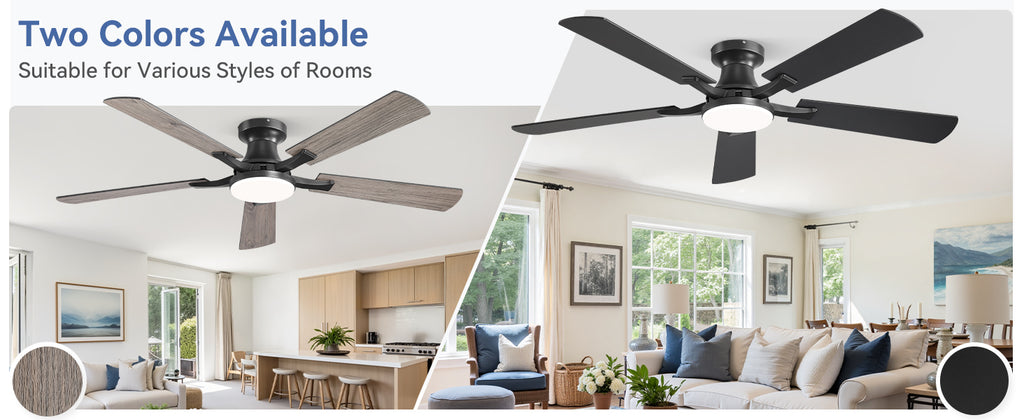 ZMISHIBO 52-Inch Flush-Mount Ceiling Fan with LED Light, Black