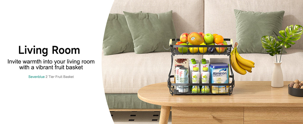 Sevenblue Two-Tier Fruit Basket with Banana Hooks, Black