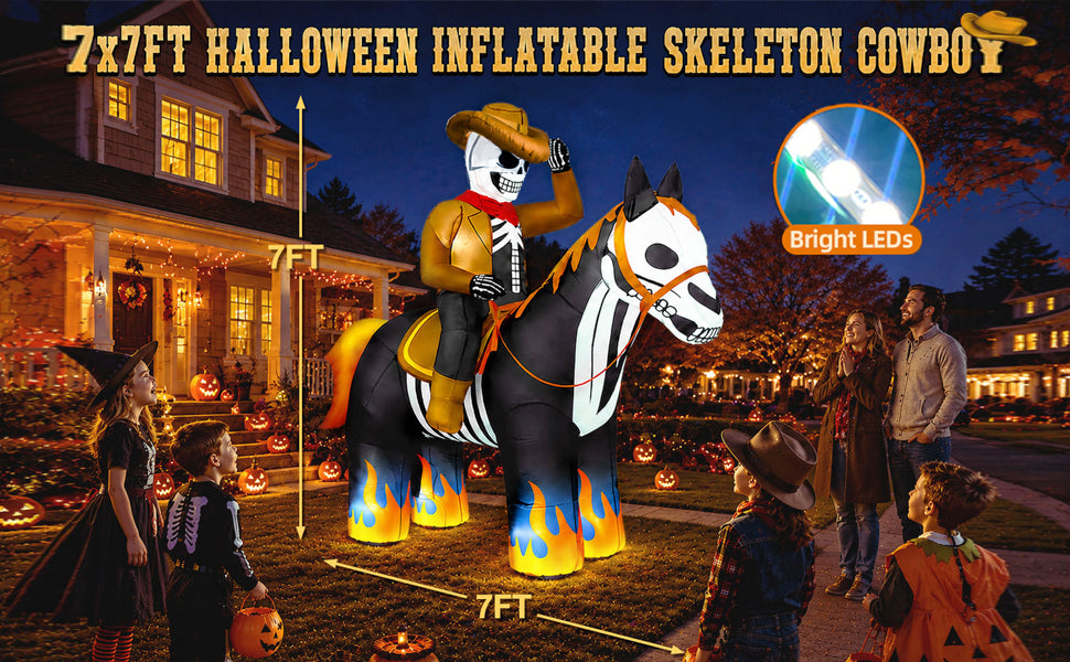 zukakii QM-WS-041 7-Foot Halloween Skeleton Cowboy & Horse Inflatable – Black – product detail