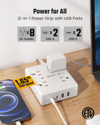 SUPERDANNY Flat-Plug Power Strip, White, 10 ft