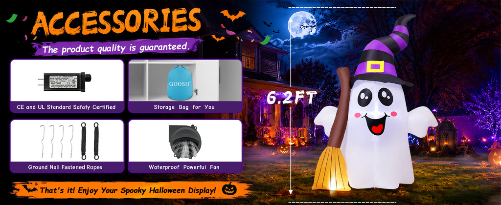 GOOSH 69483 6.2-Foot Halloween Ghost with Broom Inflatable – White and Black – product detail