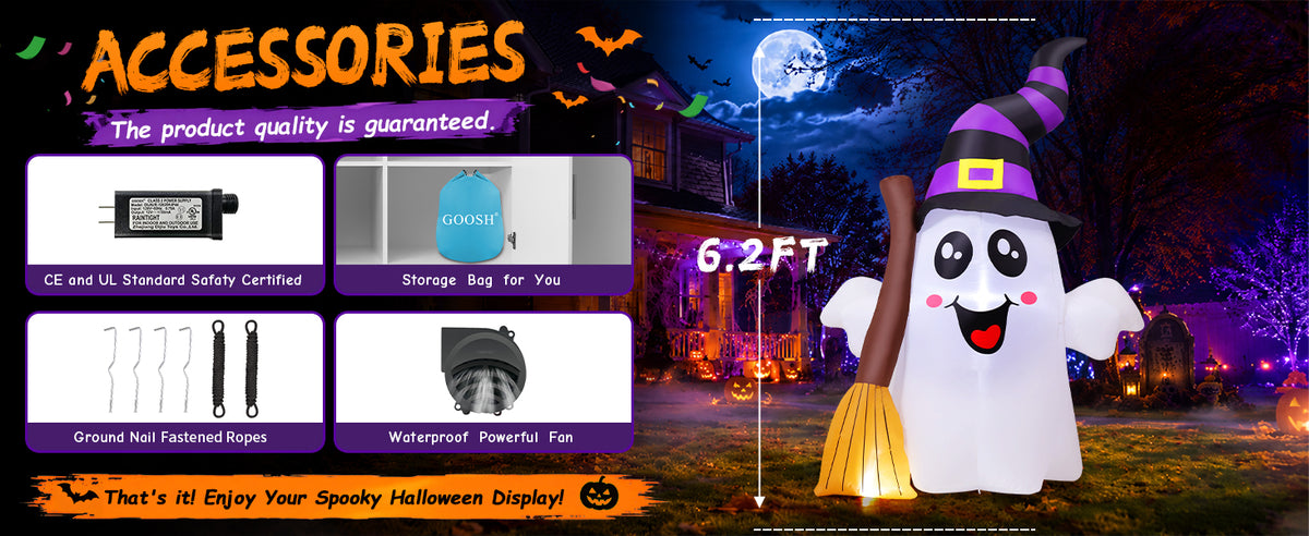 GOOSH 69483 6.2-Foot Halloween Ghost with Broom Inflatable – White and Black – product detail