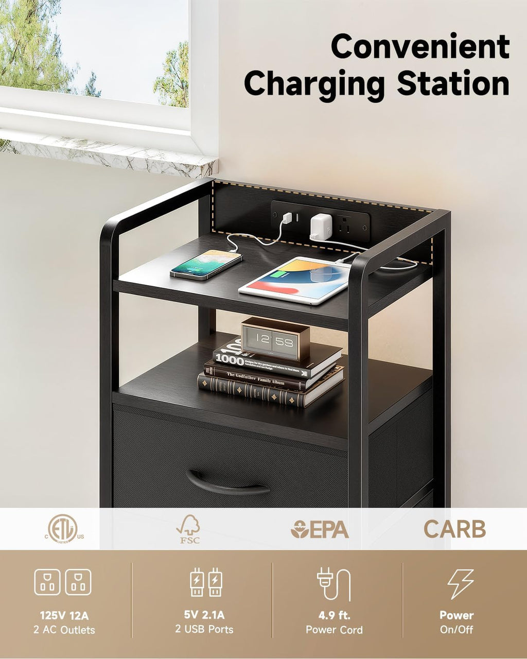 Lazzanto Two-Drawer Nightstand with Charging Station and LED Light, Black