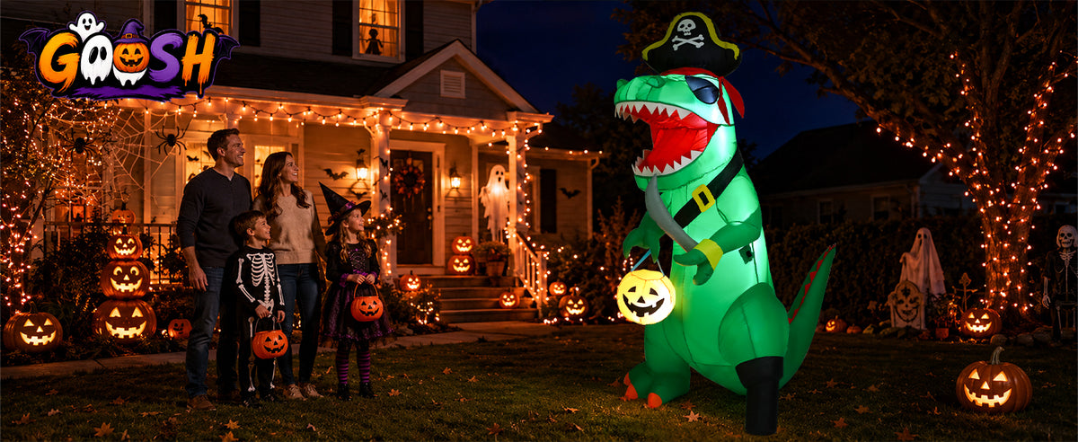 GOOSH 7-Foot Halloween Pirate Dinosaur & Pumpkin Inflatable – Green – product detail