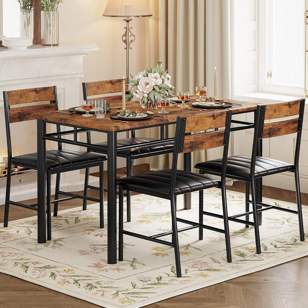 IRONCK Five-Piece Dining Set with Four Chairs, Rustic Brown