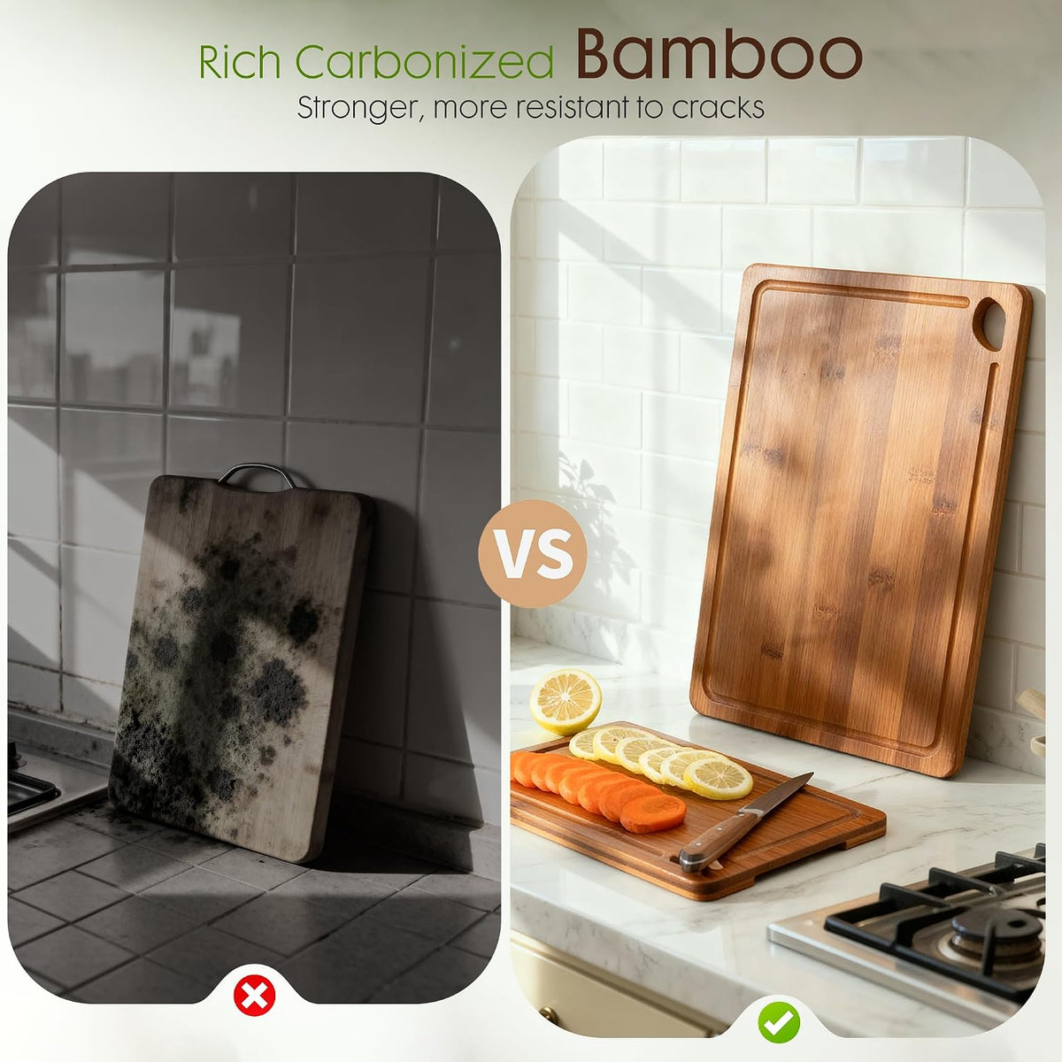 Astercook Carbonized Bamboo Cutting Boards with Stand, 3-Piece Set