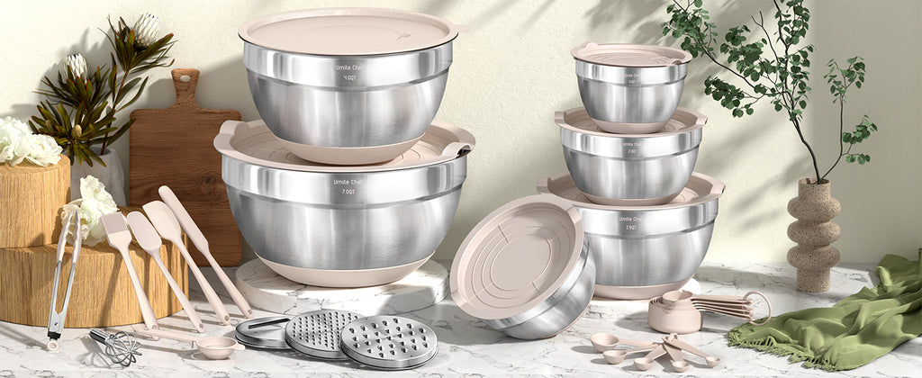 Umite Chef Mixing Bowls and Kitchen Tools, Khaki, 26 Pieces