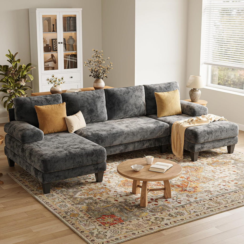 TROMIRY 112-Inch U-Shaped Chenille Sectional Sofa, Dark Grey