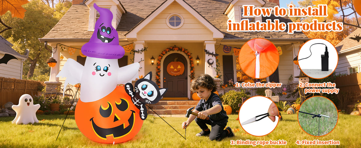 COMIN CO-69449 5-Foot Halloween Pumpkin & Ghost & Cat Inflatable – green – product detail
