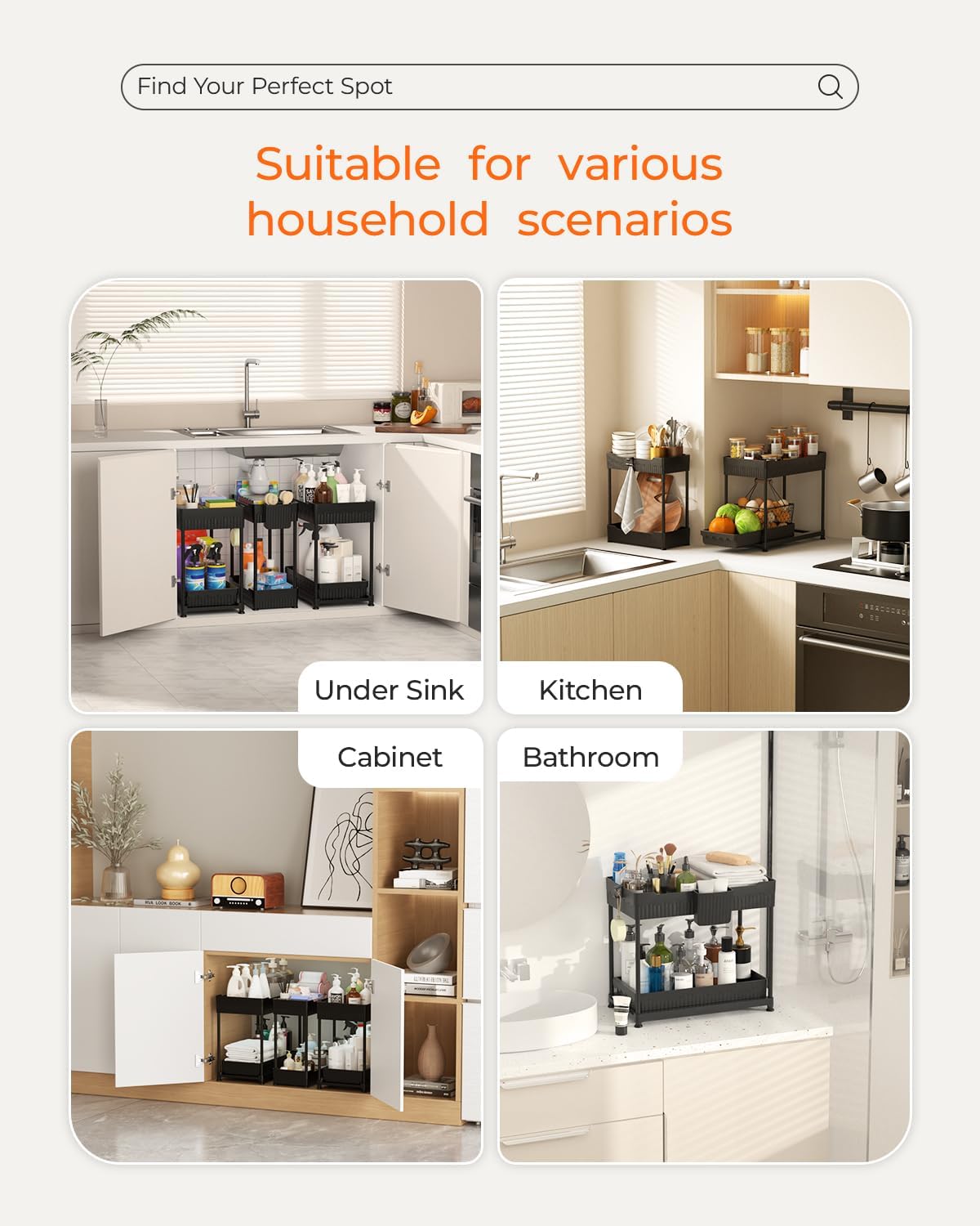 Sevenblue Two-Tier Under-Sink Organizers, Black, 3-Pack