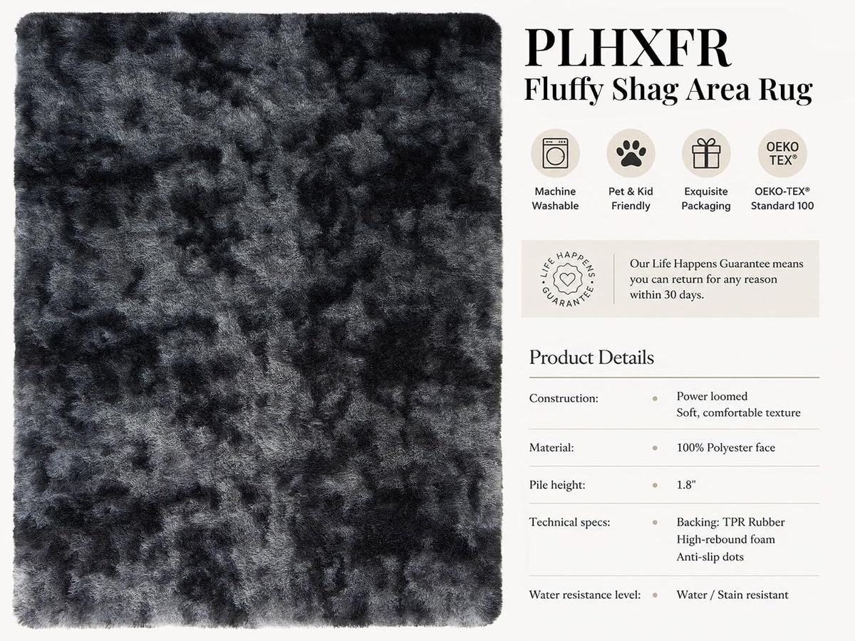 PLHXFR Shag Area Rug, Tie-Dyed Dark Grey, 8 x 10 ft