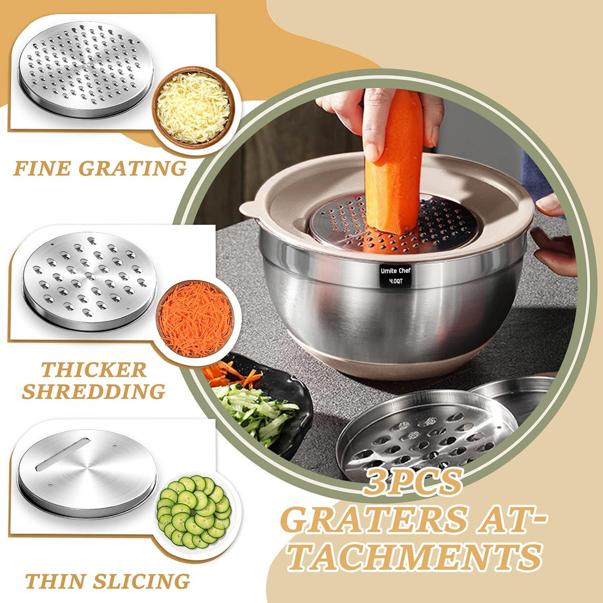 Umite Chef Mixing Bowls and Kitchen Tools, Khaki, 26 Pieces