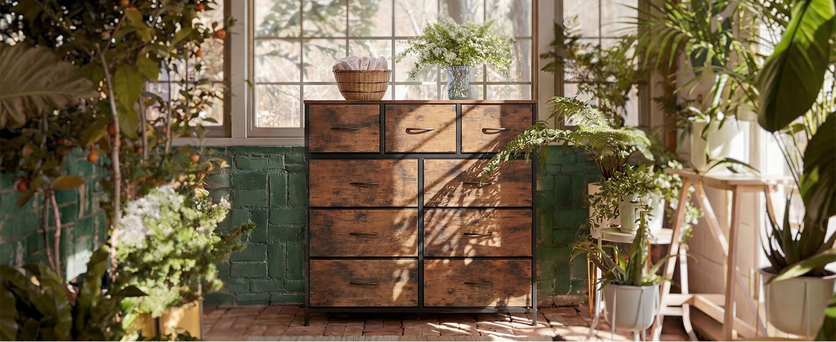 WLIVE 9-Drawer Fabric Dresser in Rustic Brown