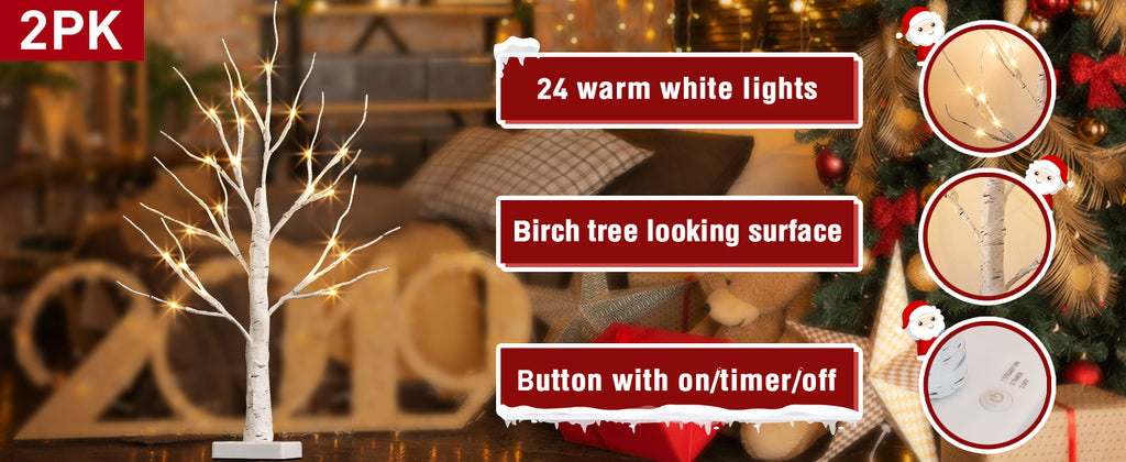 PEIDUO Lighted Birch-Style Tabletop Trees, 2 ft, Set of 2