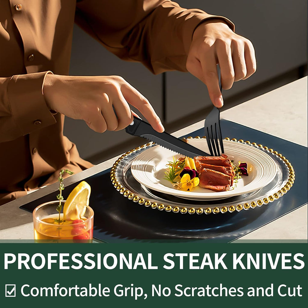 EWFEN Black Flatware with Steak Knives, 24-Piece Set