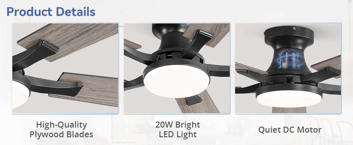 ZMISHIBO 52-Inch Flush-Mount Ceiling Fan with LED Light, Black