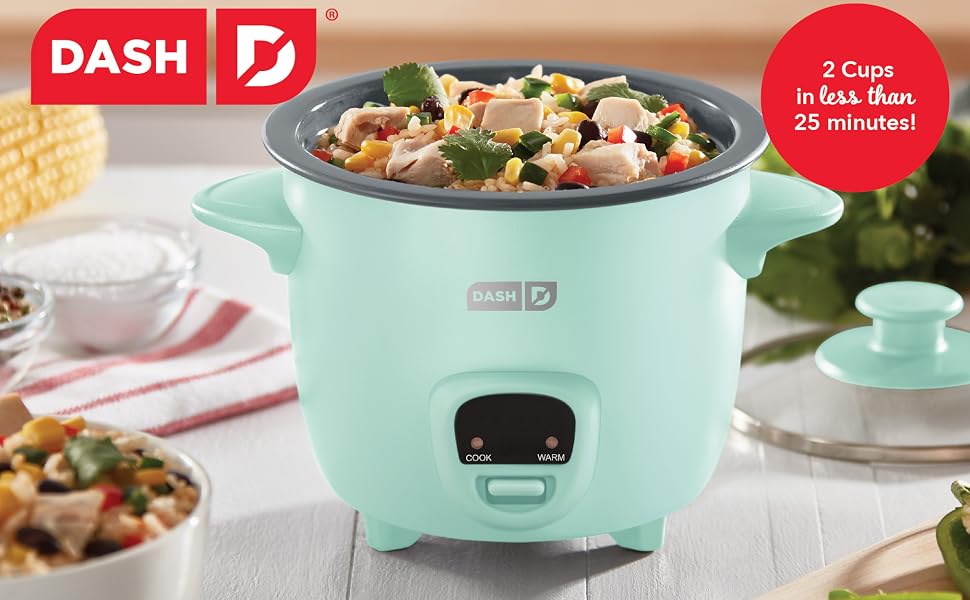 DASH Mini Ceramic Rice Cooker, Aqua, 2 Cups Cooked