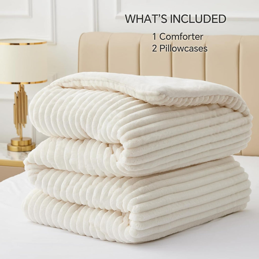 BEDELITE Queen Fleece Comforter Set, Cream White