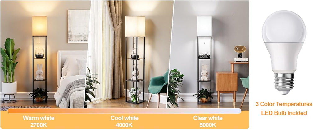PARTPHONER Shelf Floor Lamp with Three-Color LED Bulb, Black